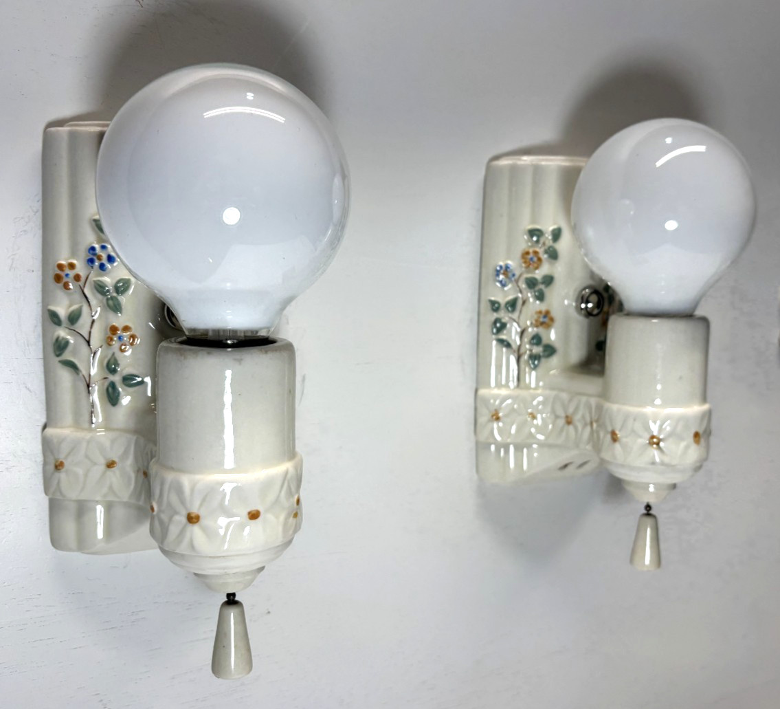 Vtg Porcelain Wall Sconce Pair Bathroom Light Fixture Floral Art Deco USA #L58