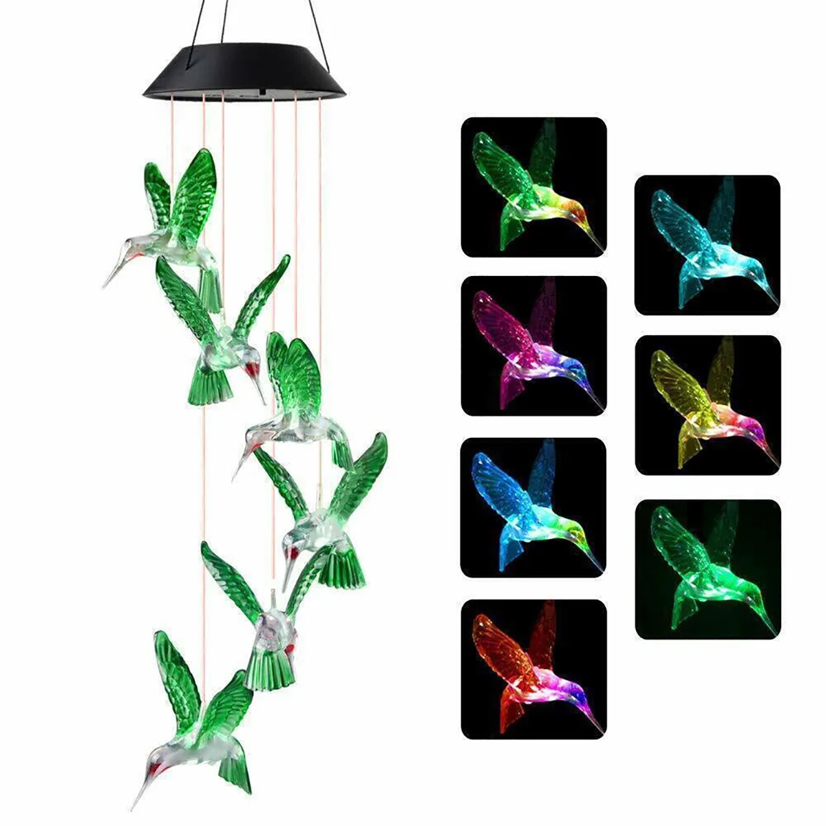 Hummingbird Wind Chime Lights Solar Powered LED Color-Changing Yard Garden Decor