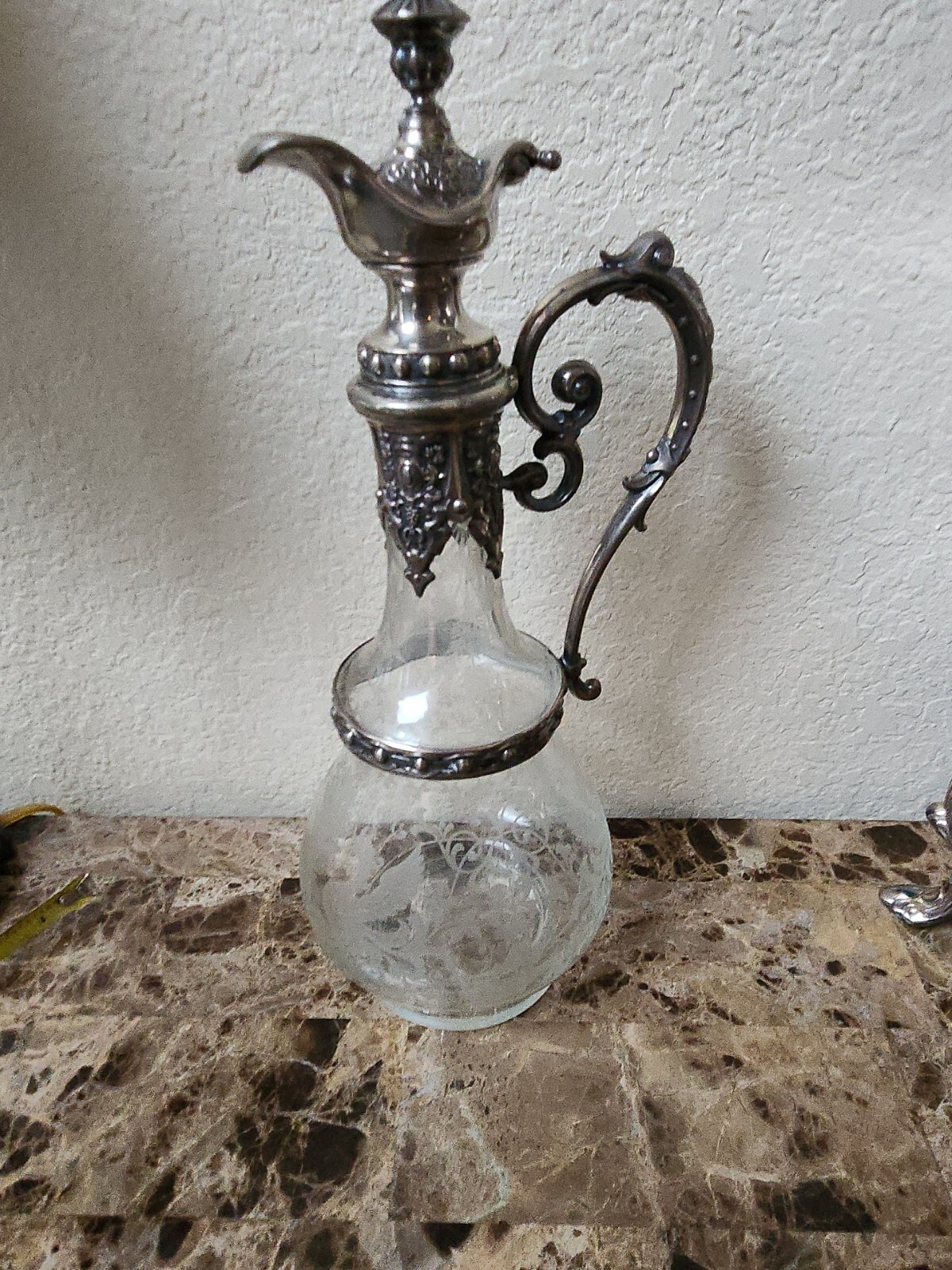 RARE Antique Circa Art Nouveau Silver Plate Etched Glass Claret Jug decanter