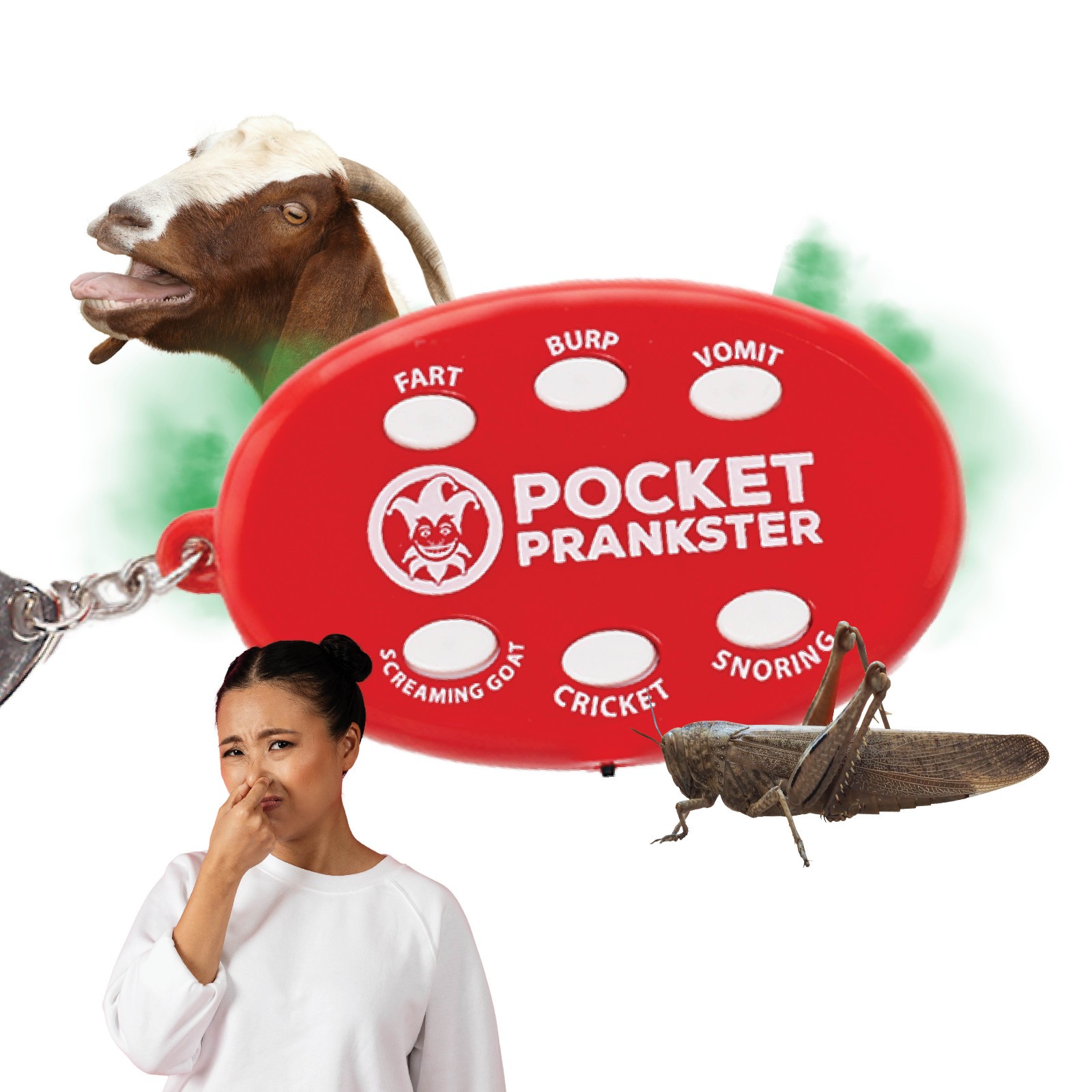 Pocket Prankster Sound Keychain with Fart, Burp, Vomit, Screaming Goat, Cricket,