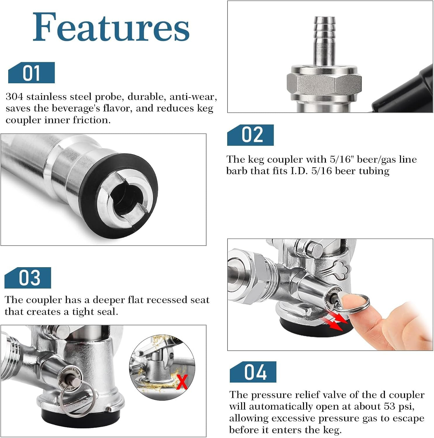 Keg Coupler 304 Stainless Steel Probe Sankey Keg Coupler D System Keg Tap for Ke