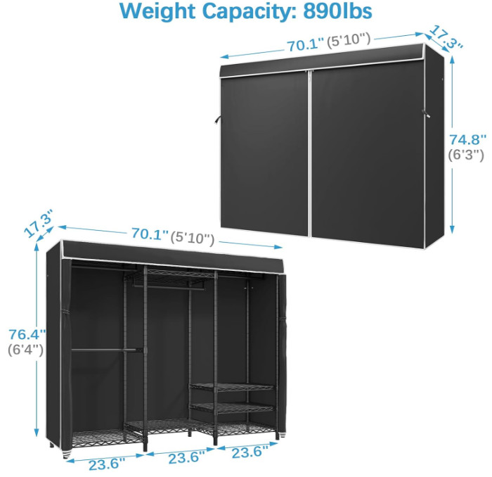 Perchero portátil de alta resistencia con funda negra, armario independiente aju