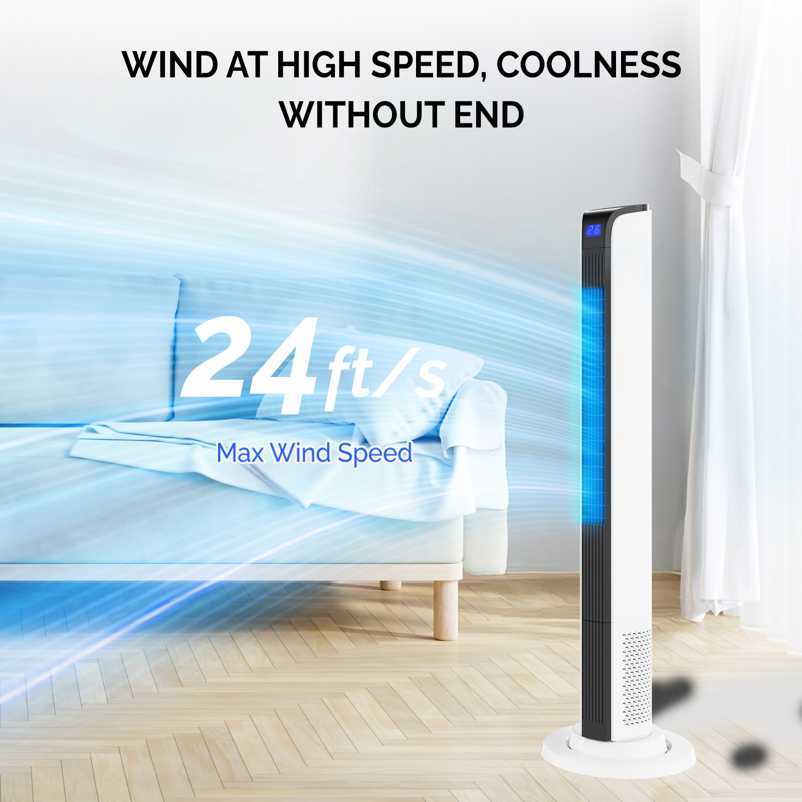 42inch Smart Tower Fan, Bladeless Floor Fan with 3 Modes 3 Speeds, APP/Remote