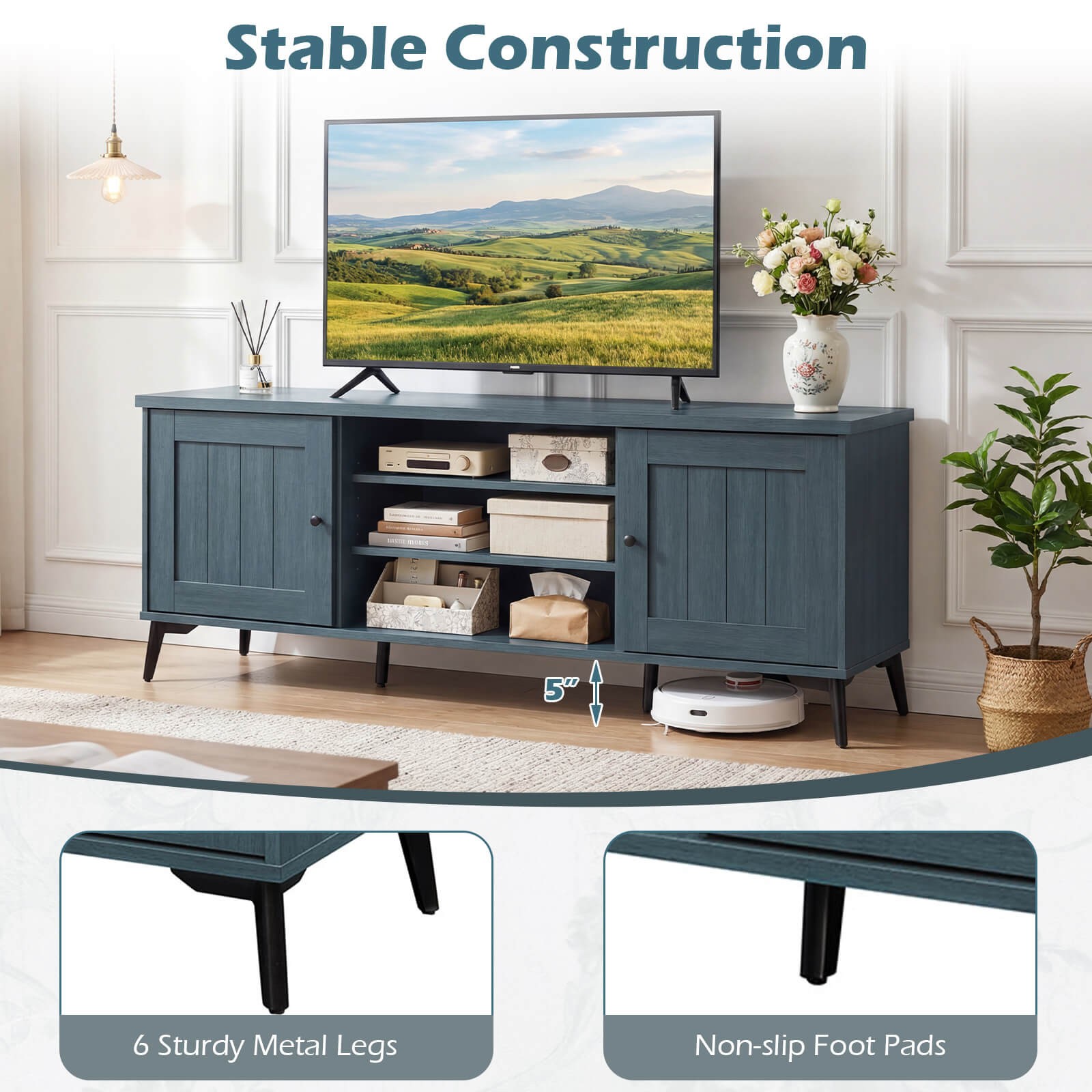 2-Door TV Stand for TVs up to 65” with 2 Storage Cabinets & 4 Adjustable Shelves