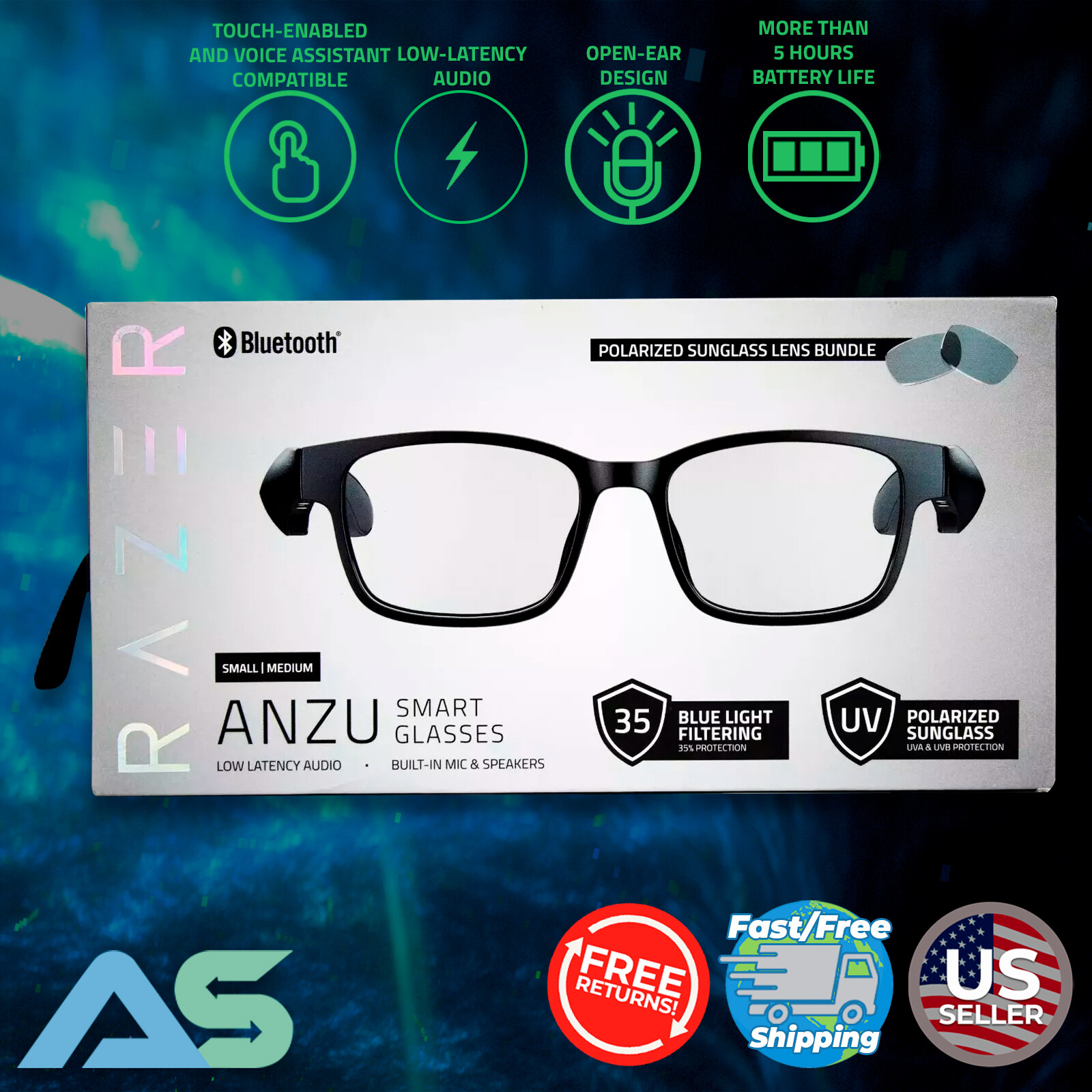 🐍 Razer ANZU Rectangle Smart Glasses with Blue Light Filtering - Small | Medium