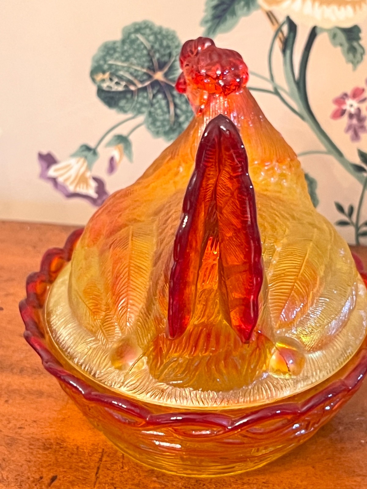 RARE! LG Wright XL Amberina Glass Hen On Nest 7 1/2" MINT!