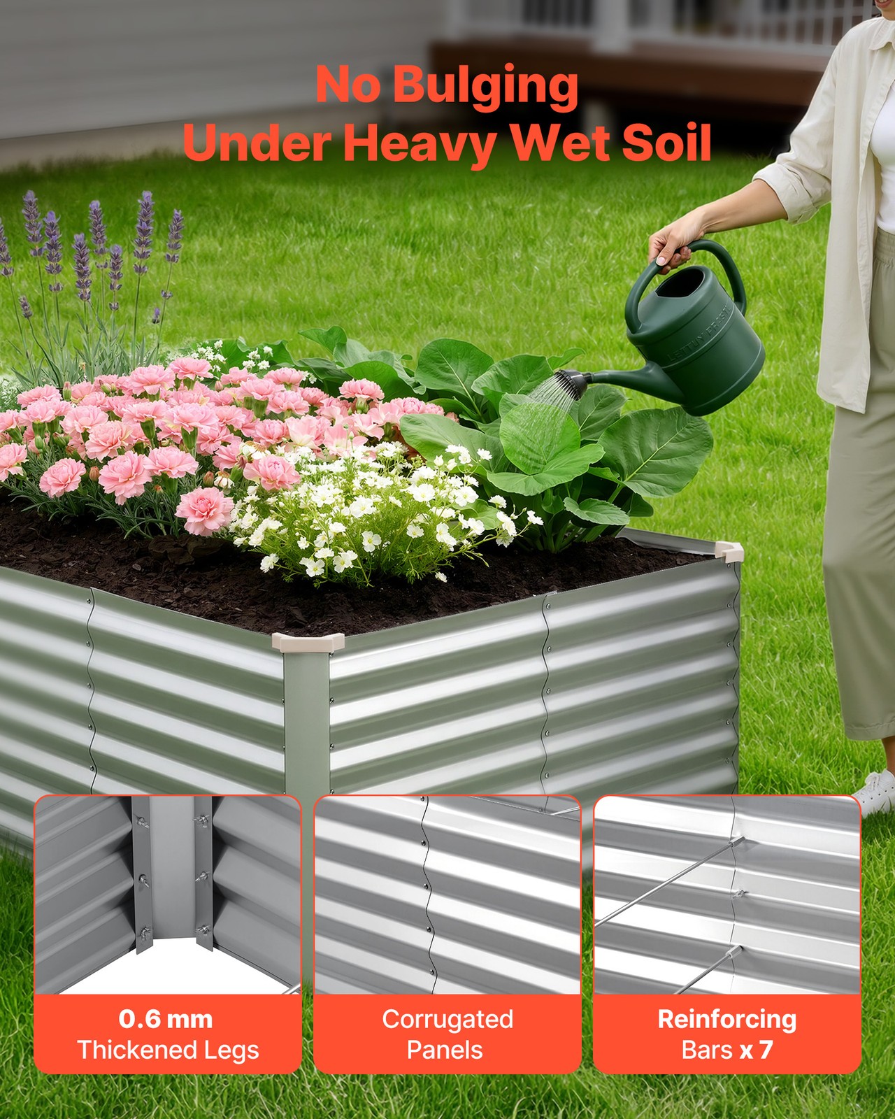 VEVOR Galvanized Raised Garden Bed 8 x 4 x 2 ft Rectangular Planter Box Silver