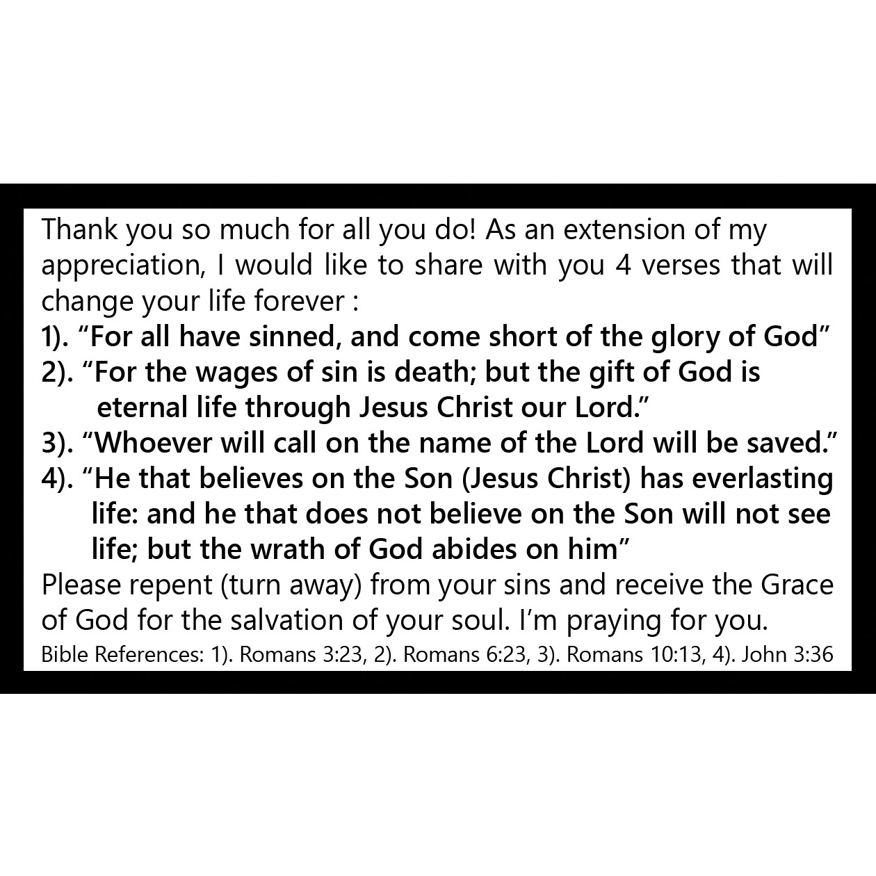 Thank You! | Gospel Tracts | Bible Tracts | Business Card Size | Pack of 50