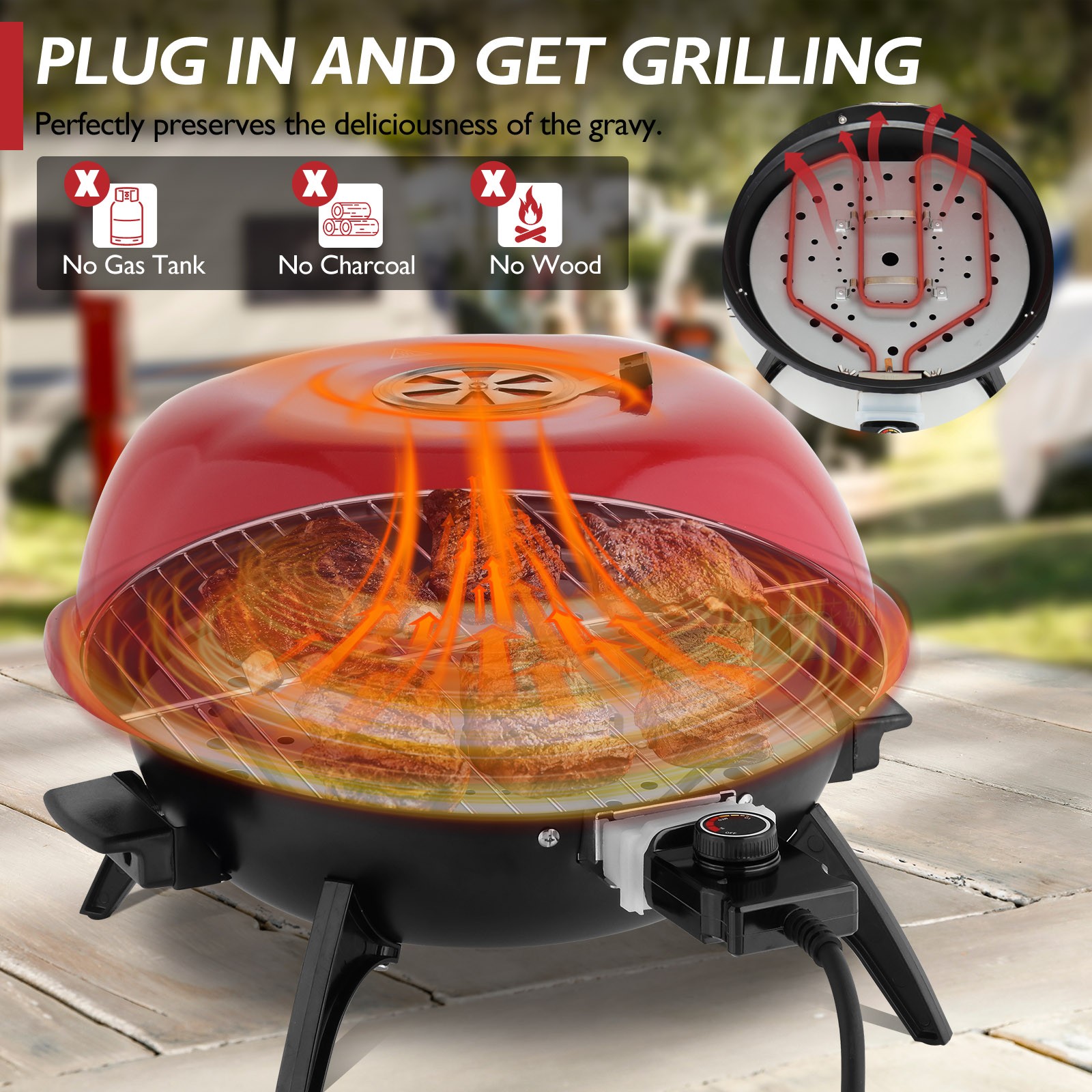 Electric BBQ Grill Red 1600W In/Outdoor Garden Party with Double Layer Design