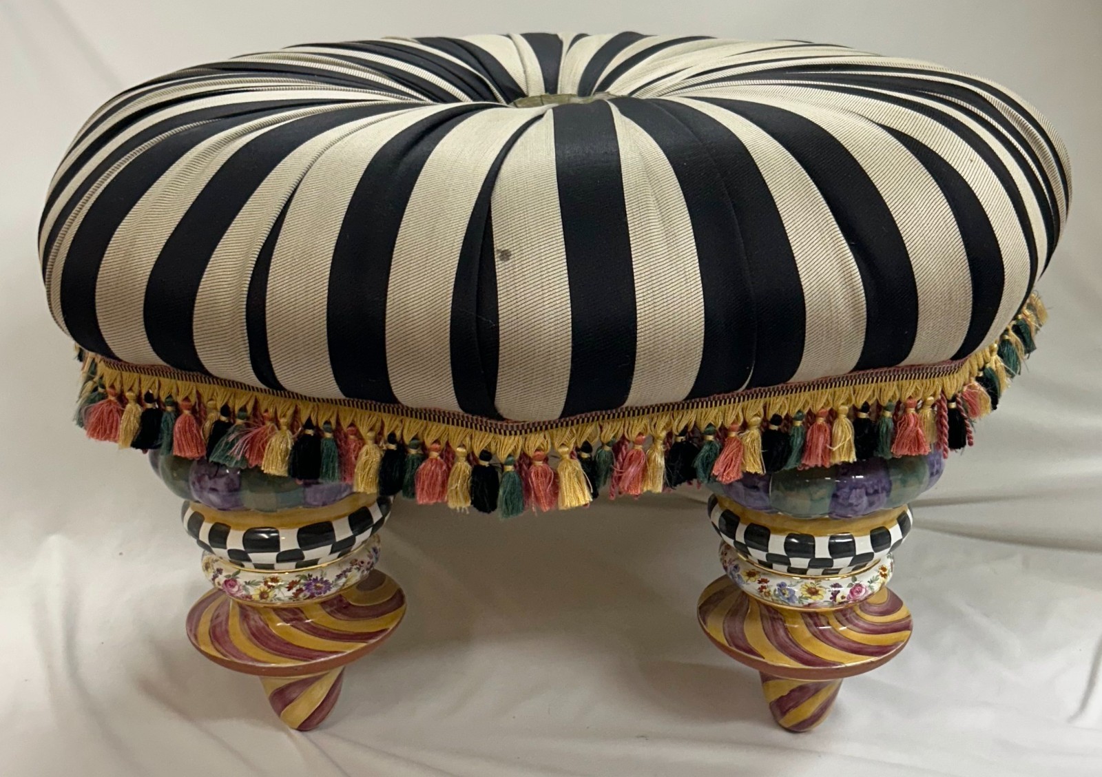 Mackenzie-Childs On Wall Street Ottoman Black & Beige w/Hand Painted Legs - NICE