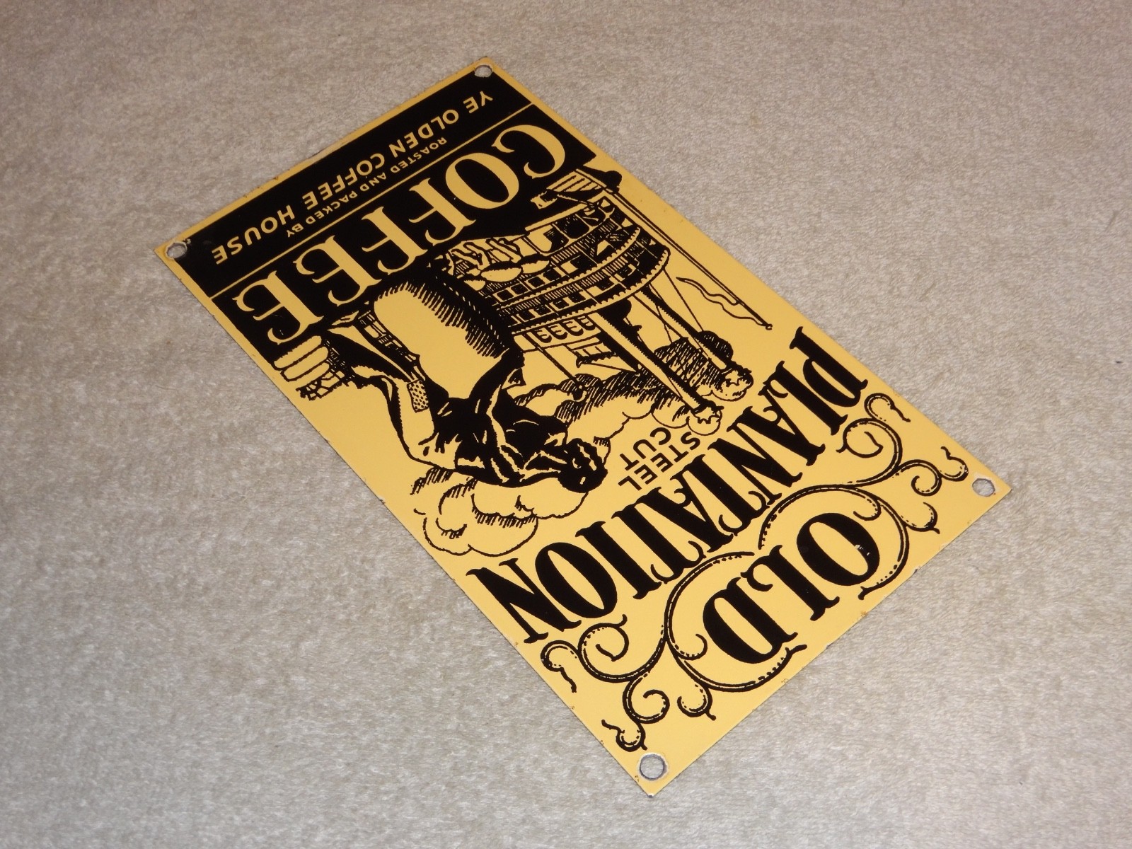 VINTAGE OLD PLANTATION COFFEE W/ PADDLE BOAT 10.5" PORCELAIN METAL GASOLINE SIGN