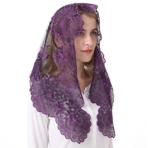 Church Veil for Women - Catholic Latin Mass Veil with Lace Purple&black