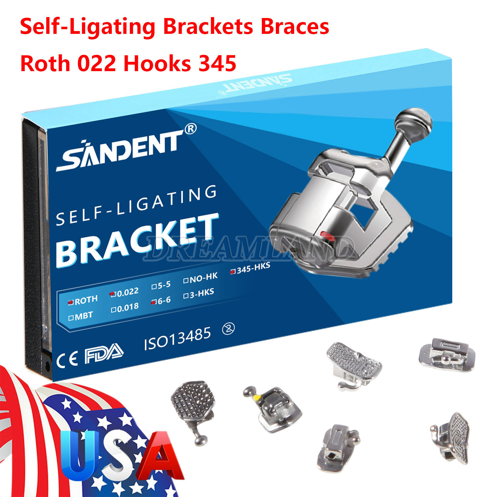 10 Packs Dental Self-Ligating Brackets Orthodontic Roth 0.022 345Hook Bracket