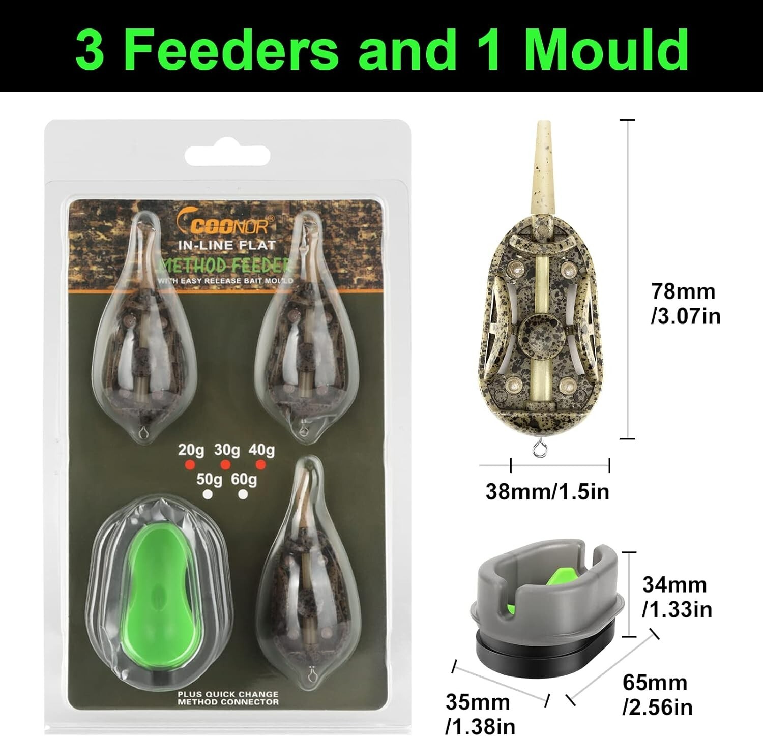 3pcs Carp Fishing Feeders Method with Fishing Weights 20g 30g 40g 50g 60g Tackle