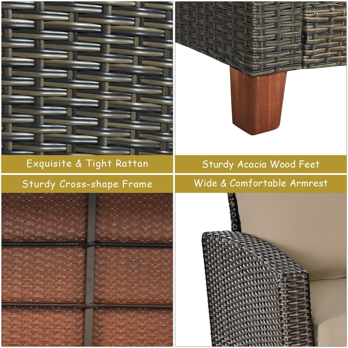 4PCS Patio Rattan Furniture Set Solid Wood Leg Cushioned Sofa Garden Lawn