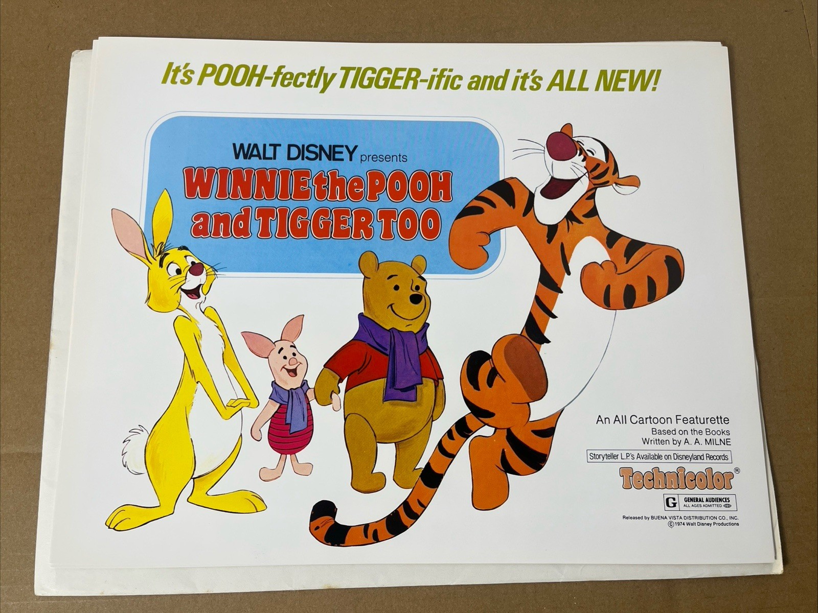 WINNIE POOH TIGGER TOO 1974 ORIGINAL DISNEY LOBBY CARD SET OF 6 11X14", NEW MINT