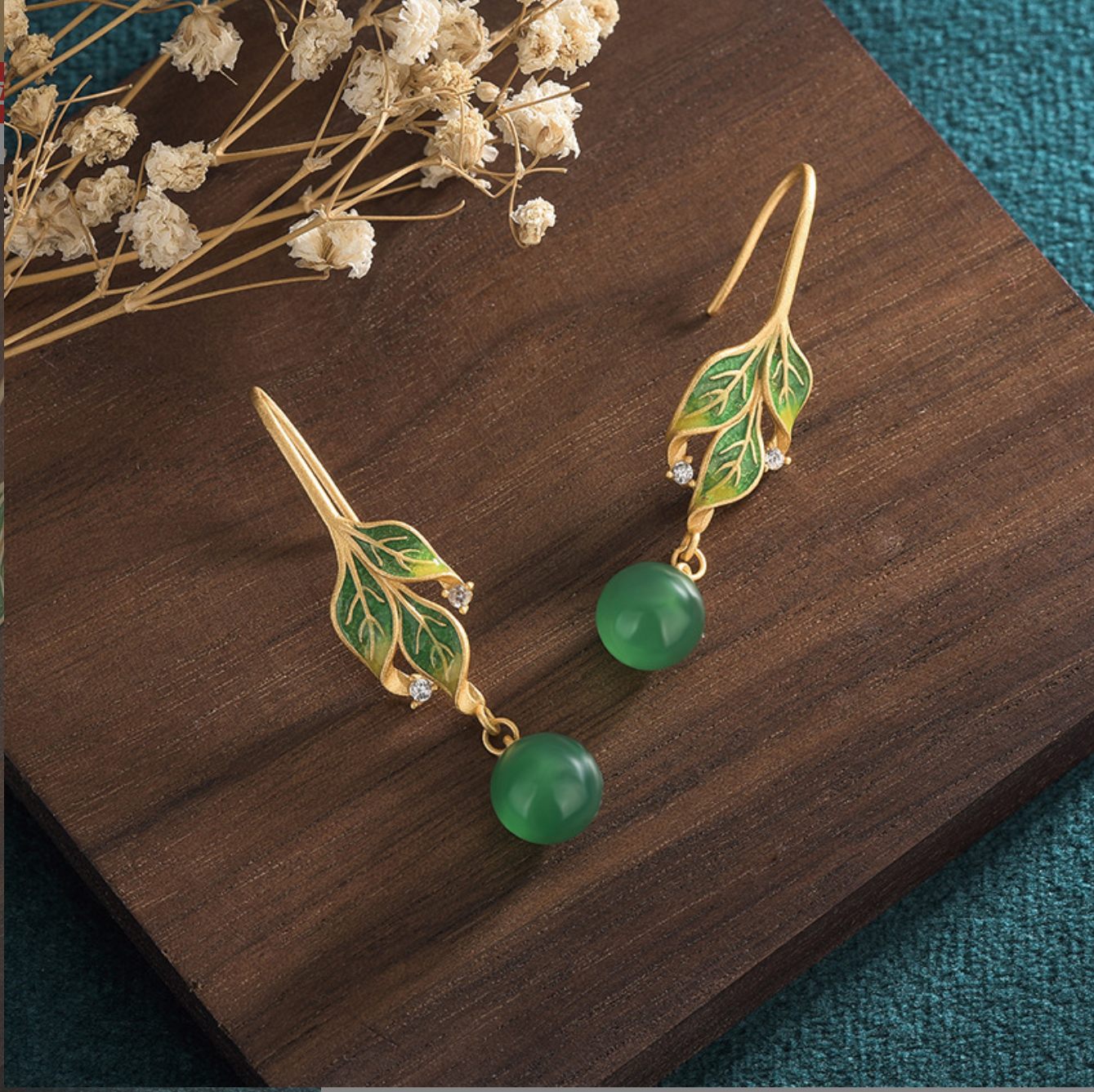 Green Jade Drop Dangle Earrings Boho Gemstone Leaf Design Hook 18K Gold Plated