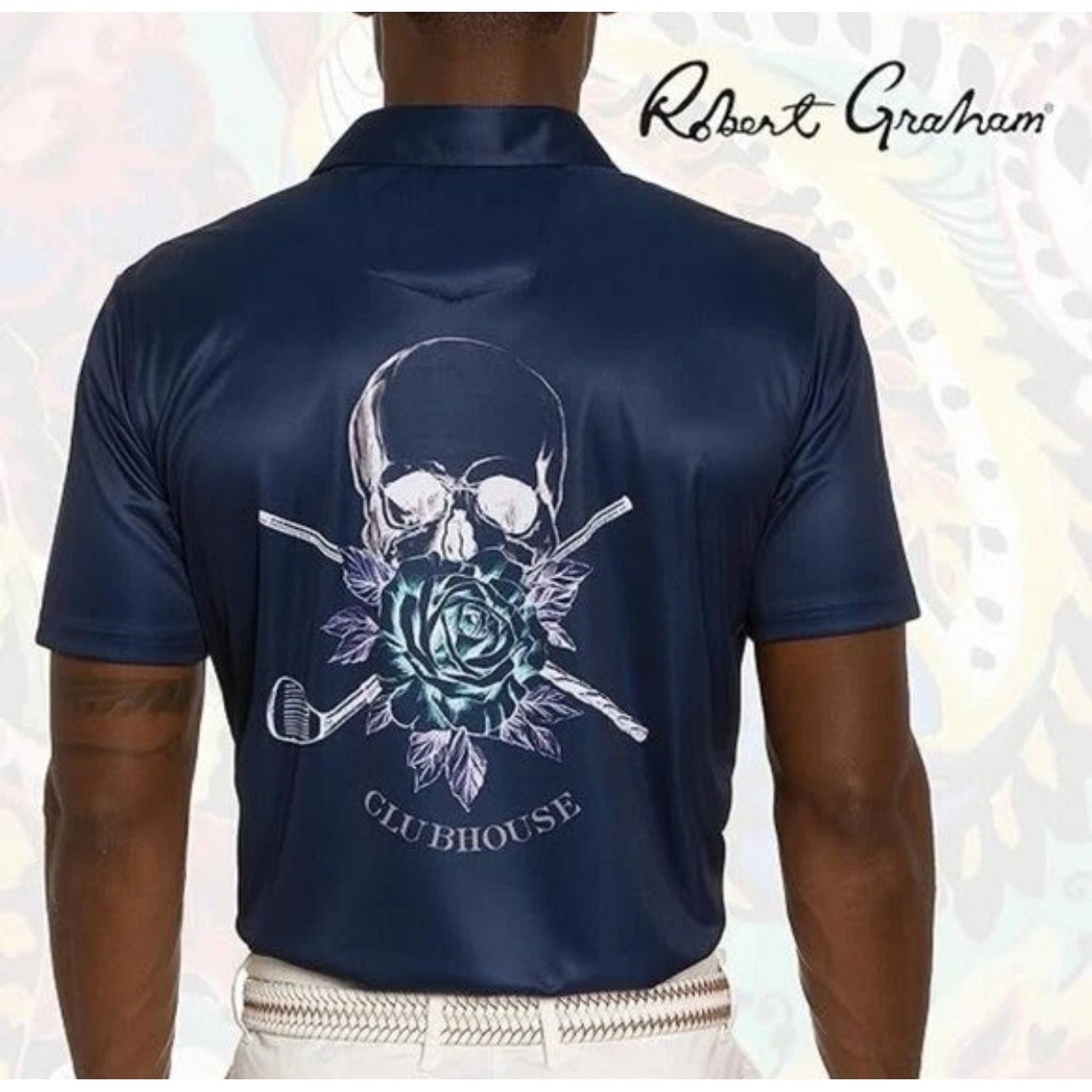 Robert Graham Blade Iron Short Sleeve Polo Shirt Skull Rose Graphic Navy Small