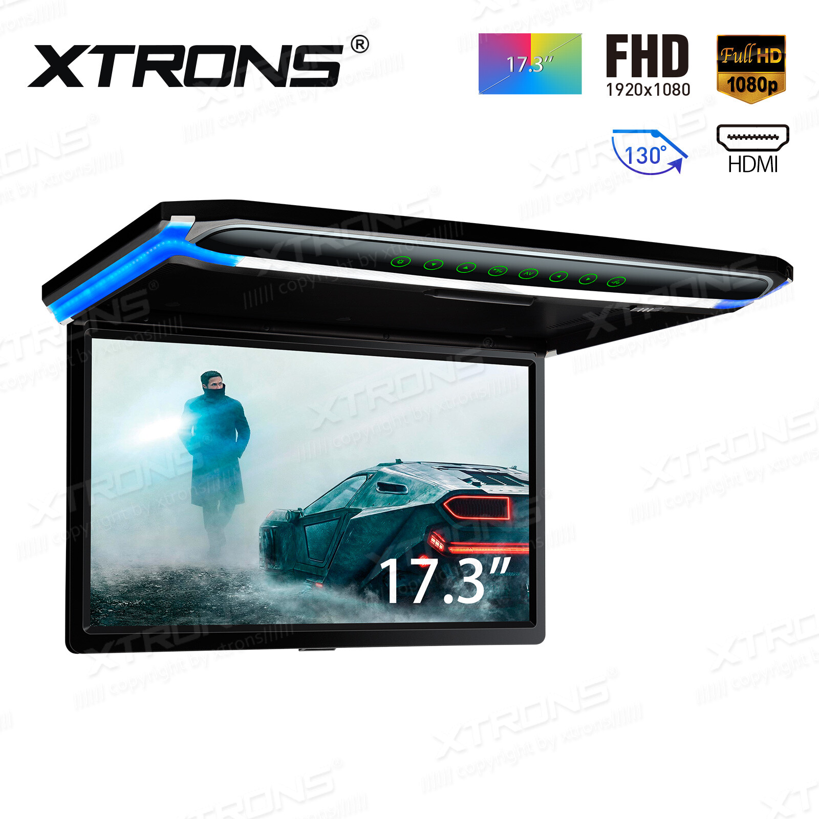17.3" Car Roof Overhead Flip Down Monitor HDMI/USB/SD Game 1080P +2Pcs Headsets