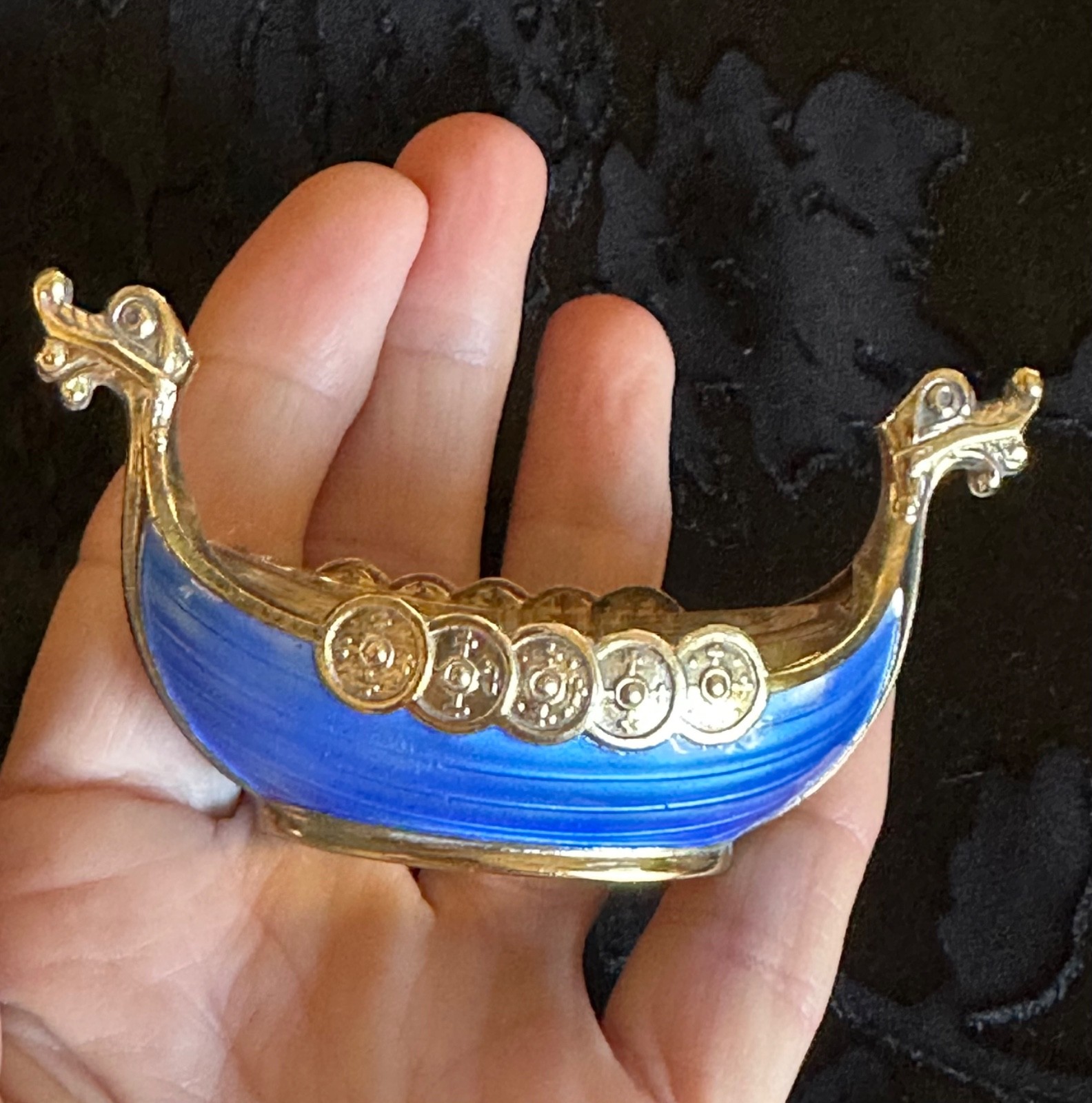 Theodore Olsen Norway Gilt Sterling Silver Blue Guilloche Viking Ship Salt