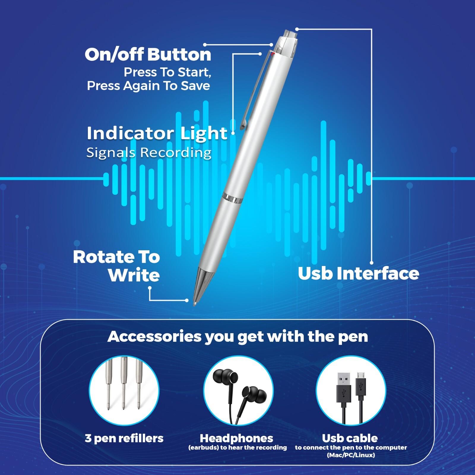Digital Pen Voice Recorder, Audio Recordings 1 Click Operation 400 Record Hours