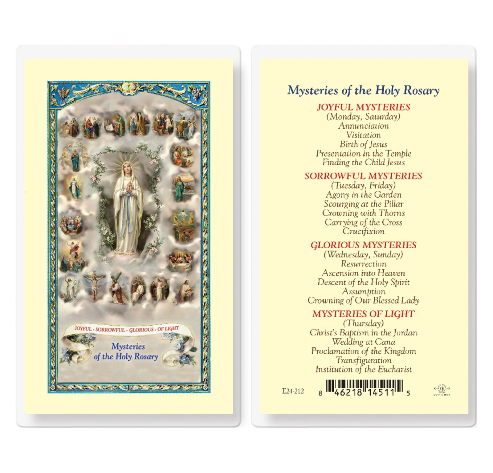 Mysteries of the Rosary Prayer Card Laminated Holy Card Catholic Faith