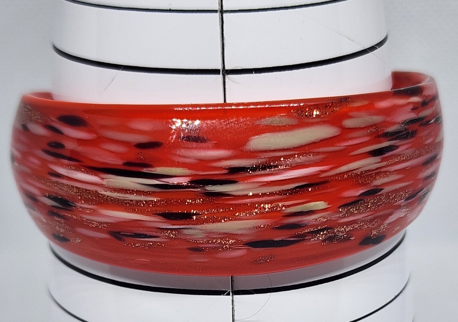 Red Black Beige Glass Cuff Bracelet with Gold Glitter Pre-Owned