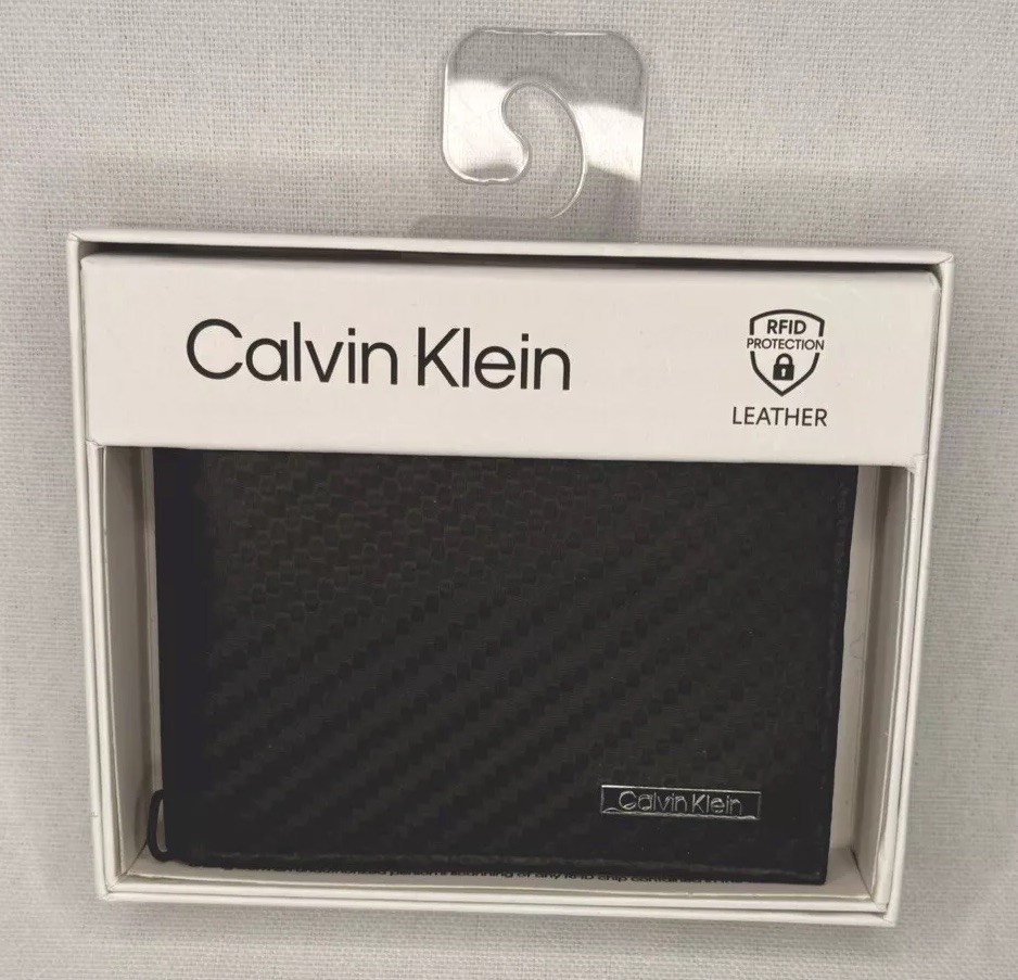 NEW Calvin Klein Men’s Carbon Fiber Textured Wallet w/ RFID Protection Flip Out