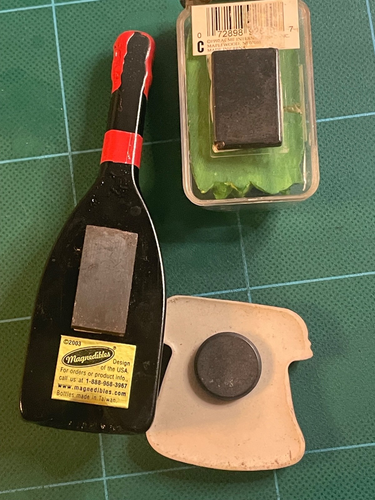 vintage fridge magnets acme dill spears DVX wine and a telephone