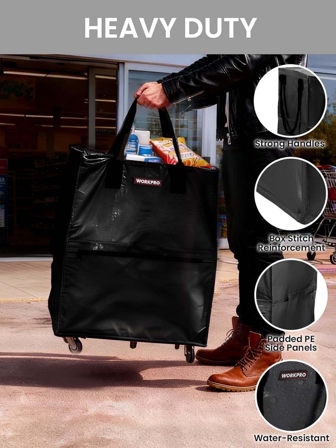 WORKPRO 36-Gallon Large Rolling Grocery Bag Tote 5 Wheels Dual Carry Storage Bag
