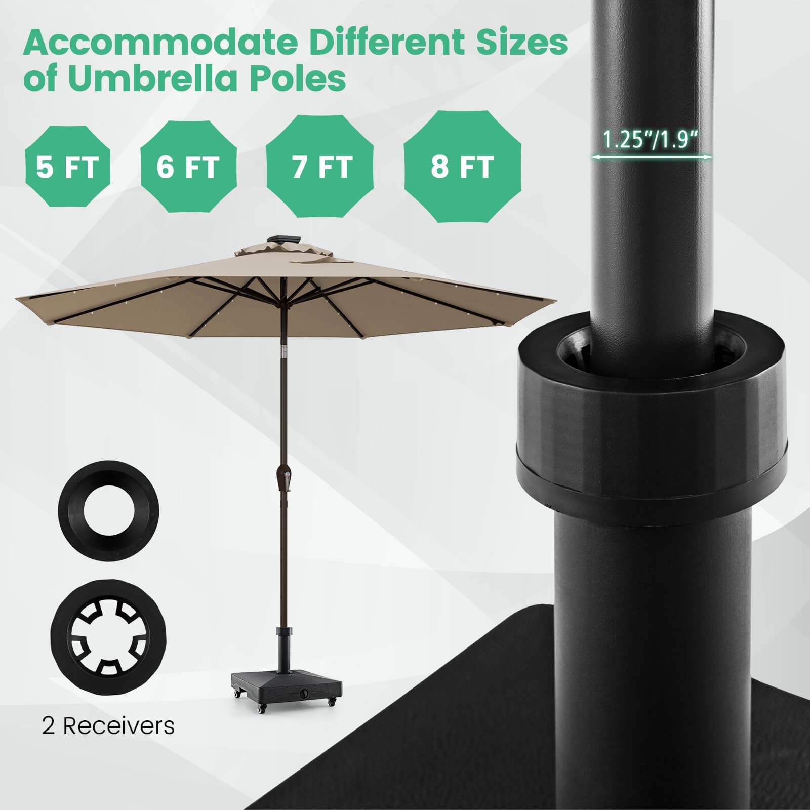 Patio Umbrella Base w/4 Universal Wheels 2 Receivers Square Pole Stand Outdoor