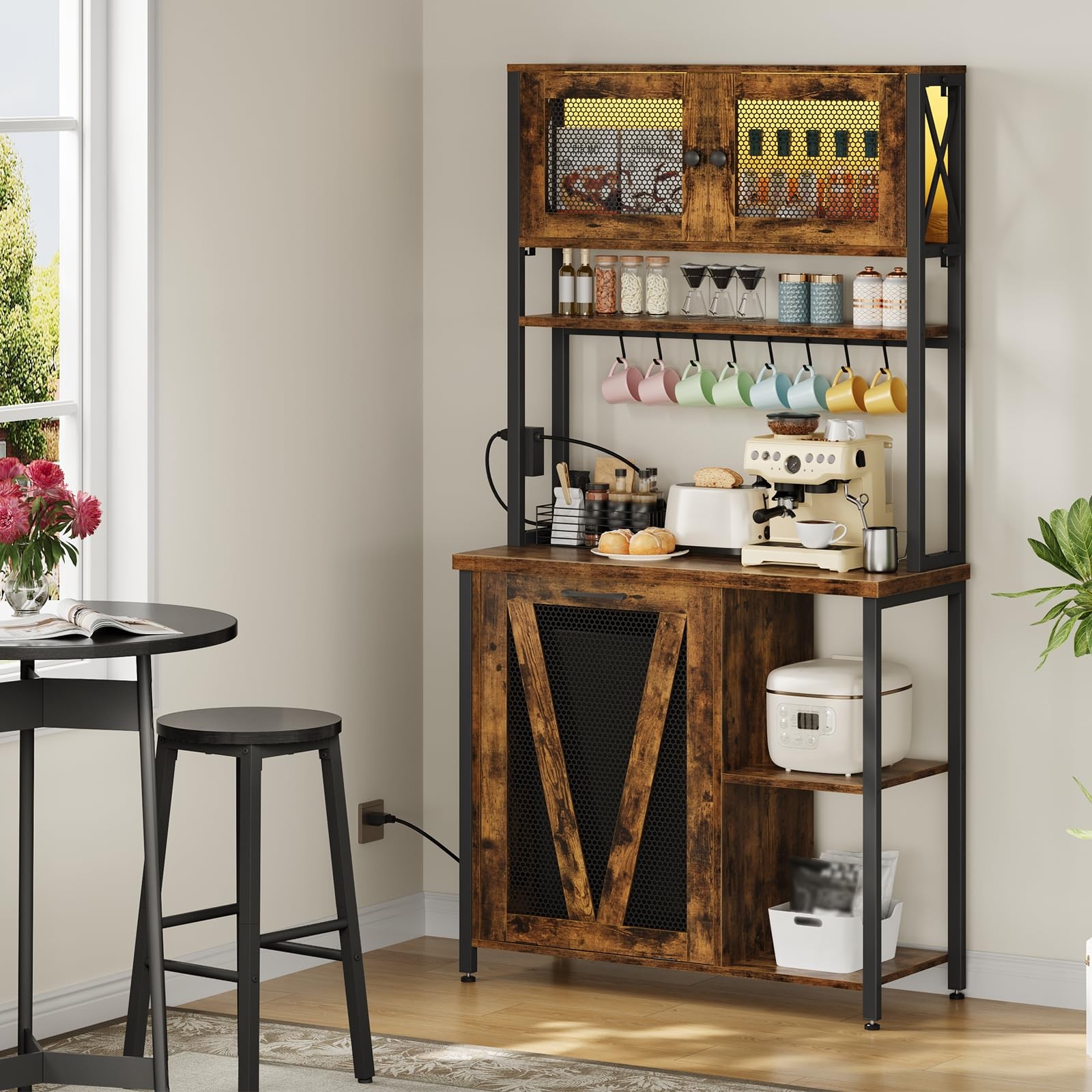 Bakers Rack with Trash Can Bin Cabinet, 6-Tier Microwave Stand with LED Stripe