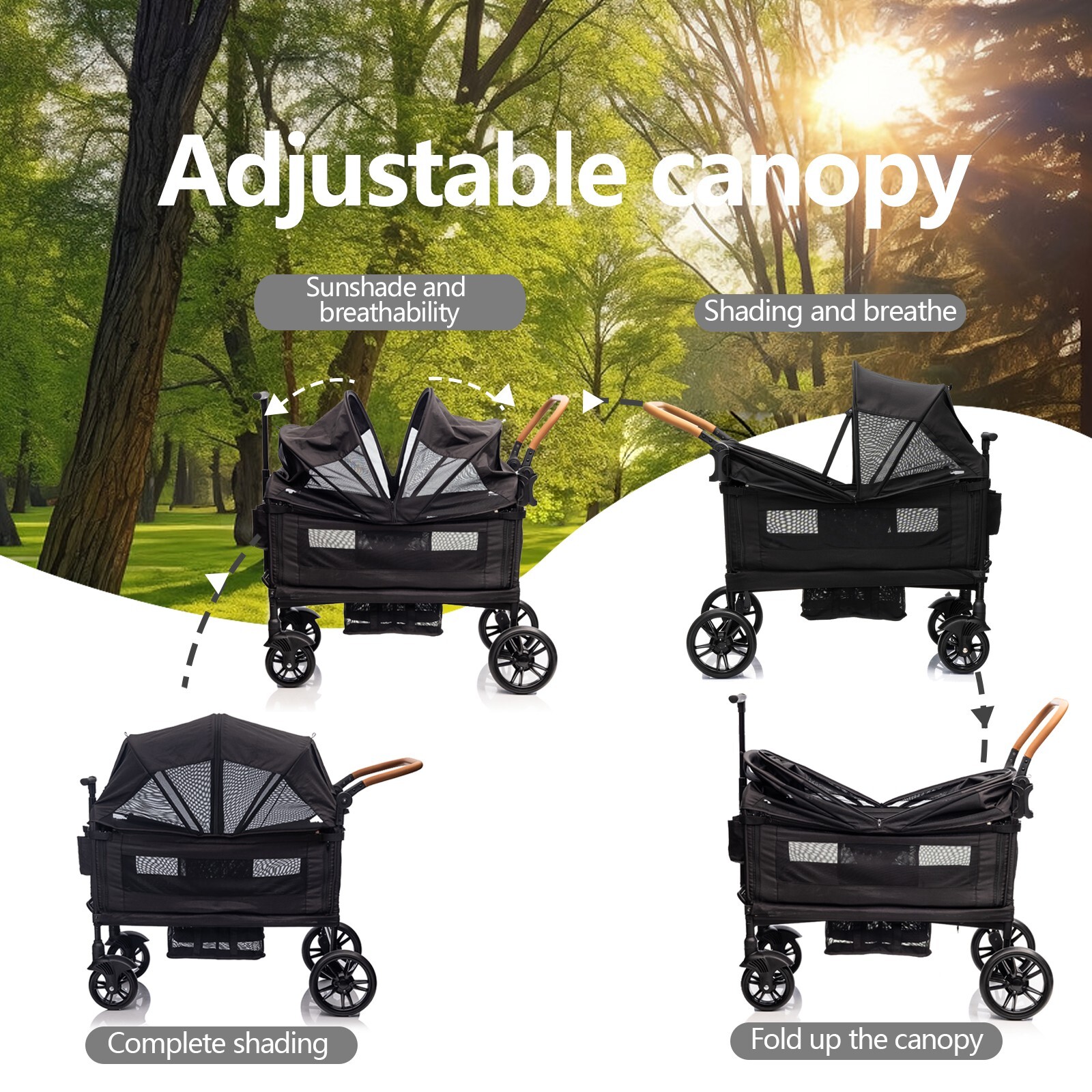 Wagon Stroller for 2 Kids with Adjustable Handle and Canopy,Kids Tray,Cup Holder