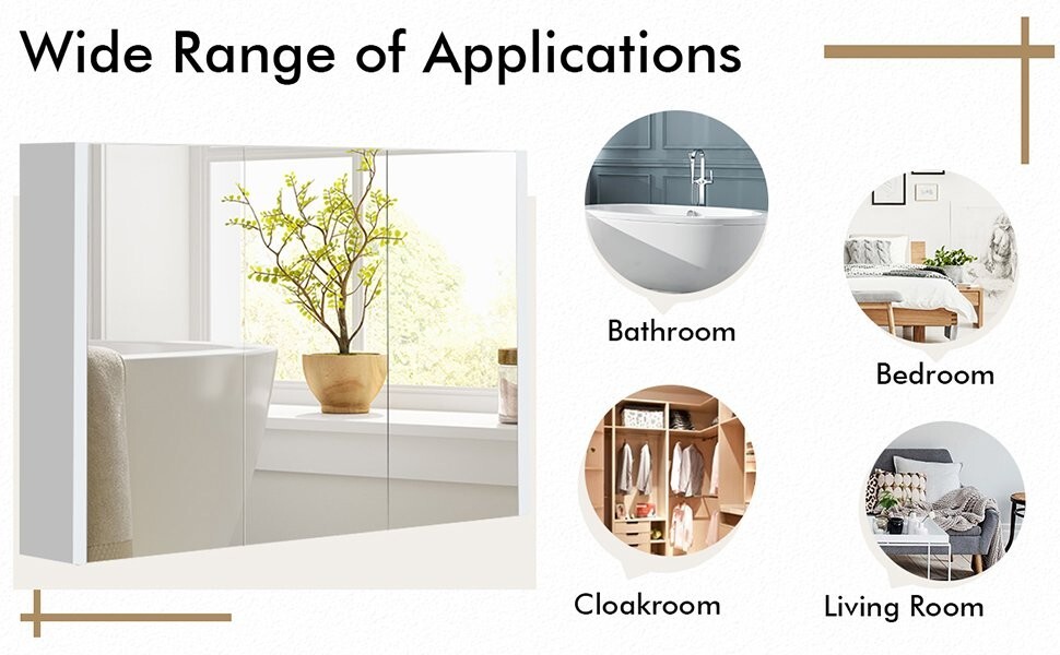 3-Doors Bathroom Medicine Cabinet Frameless Wall Mounted Mirror Adjustable Shelf