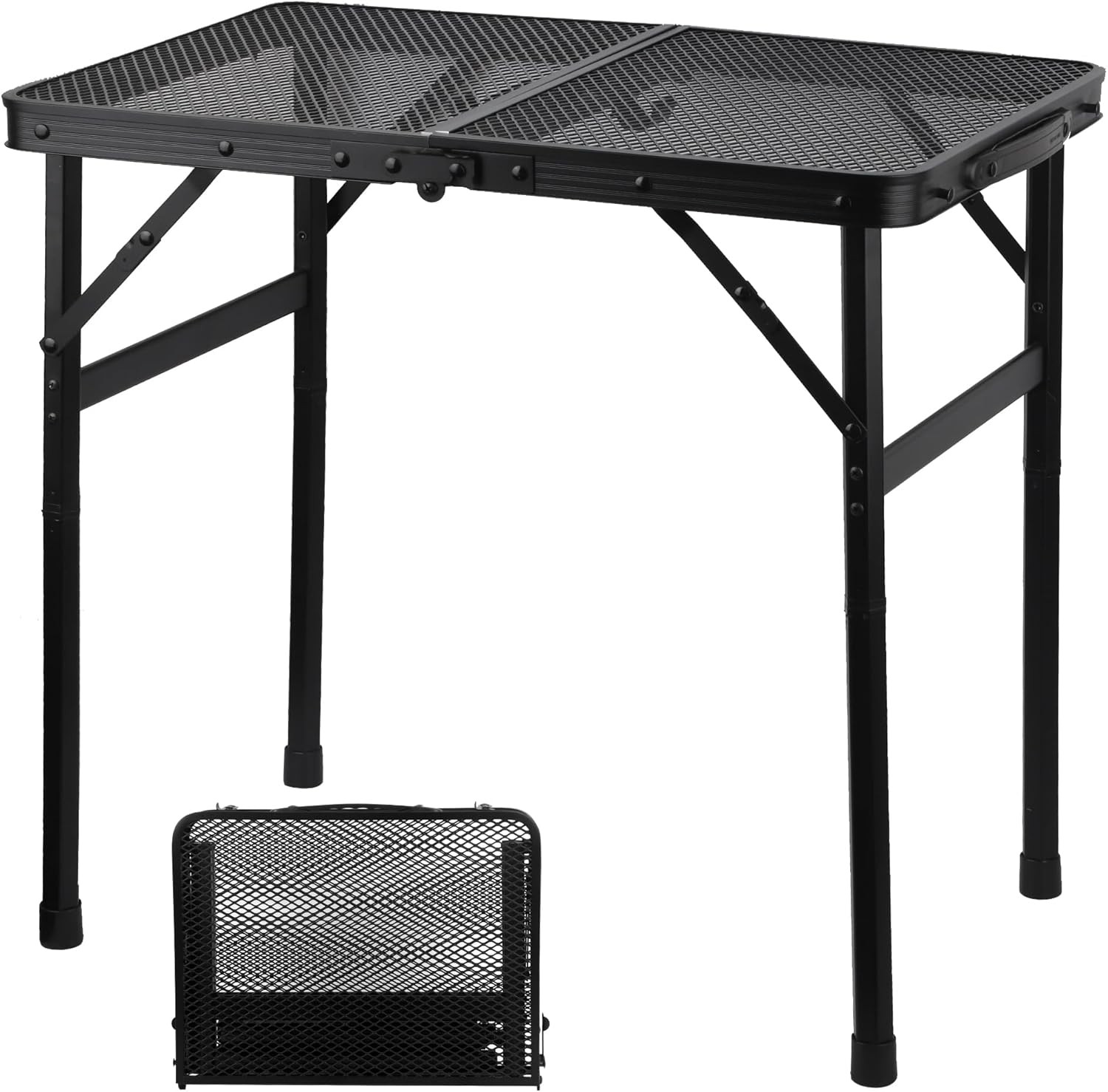 3FT 2-Fold Camping Table with Mesh Desktop Adjustable Height BBQ Grill Table