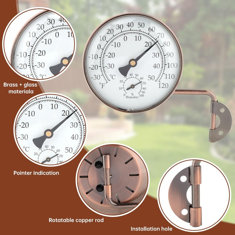 4" Brass Outdoor Thermometer, Outside Decorative Weather Thermometer Hygrometer,