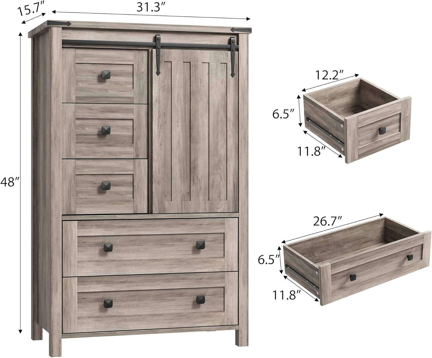Rustic 5 Drawer Dresser with Barn Door & Adjustable Shelf - Grey Finish