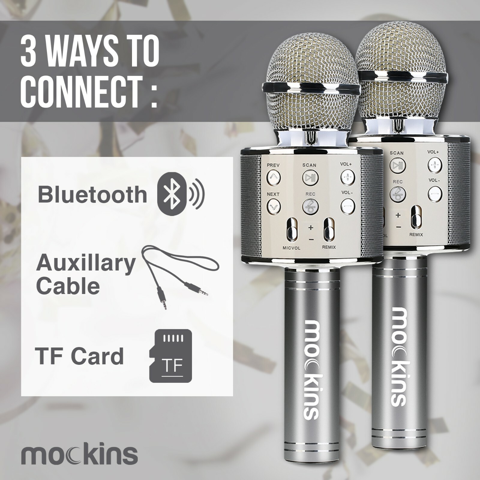 Mockins 2 Pack Silver Wireless Bluetooth KARAOKE MICROPHONE Holiday Gift, kids