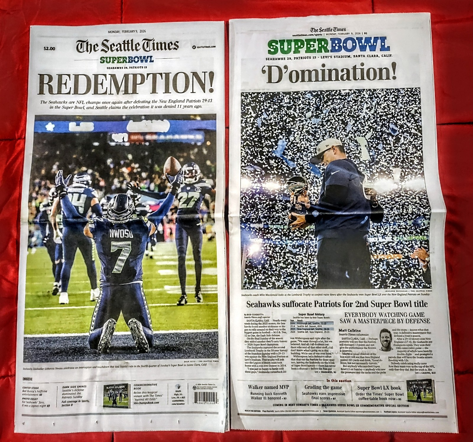 SEATTLE SEAHAWKS SEATTLE TIMES FULL NEWSPAPER 2/9/2026 SUPERBOWL CHAMPS- NEW