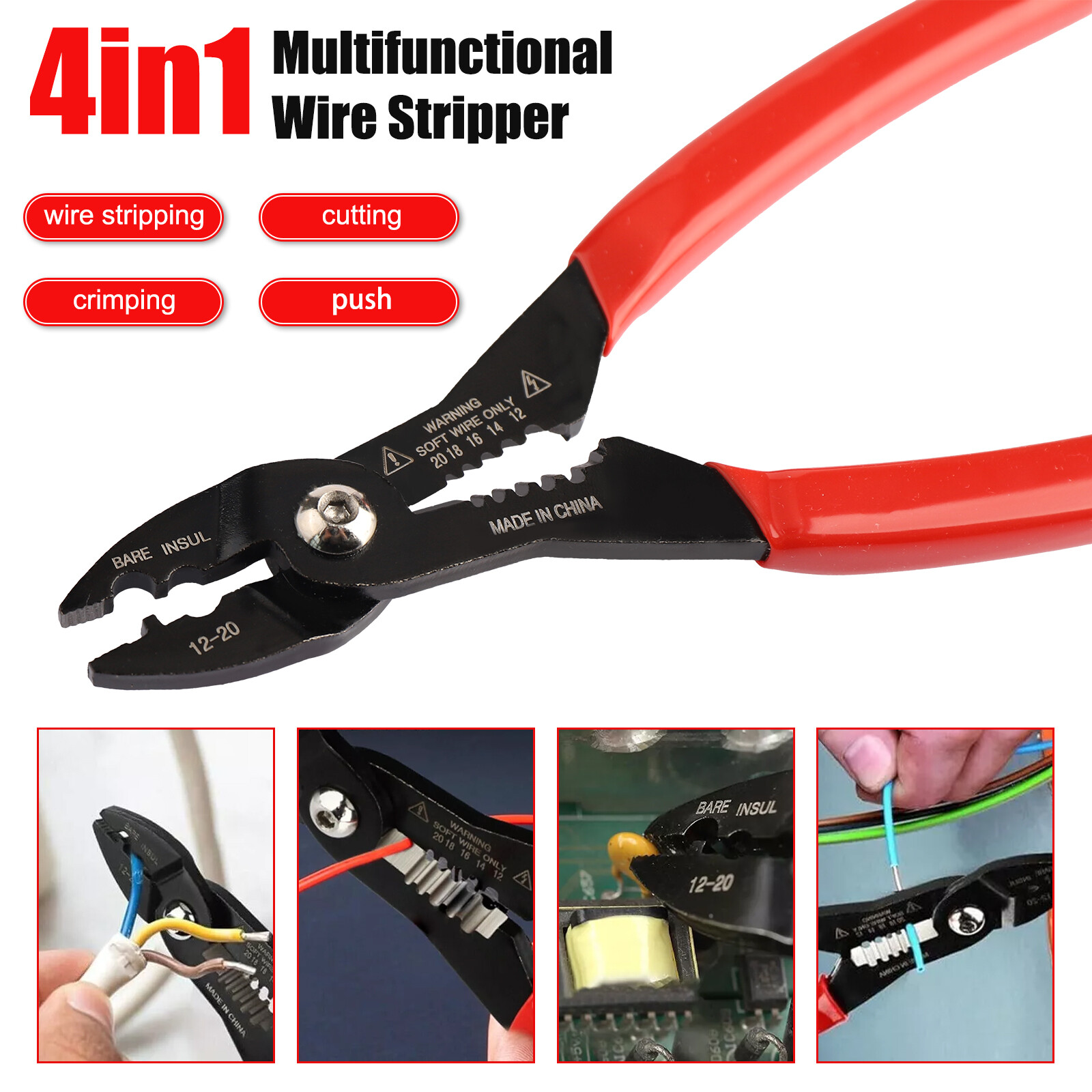 4 in 1 Wire Service Pliers Crimper Stripper Cutter Gripping for 12-20AWG Cable