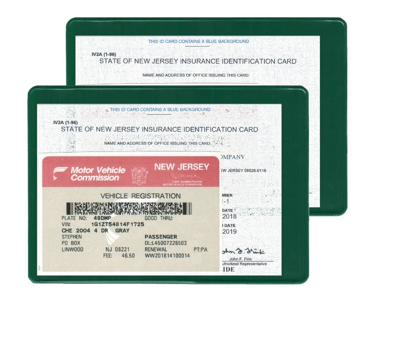 2 (two) Auto car Insurance Registration ID Card Holders Holder Green
