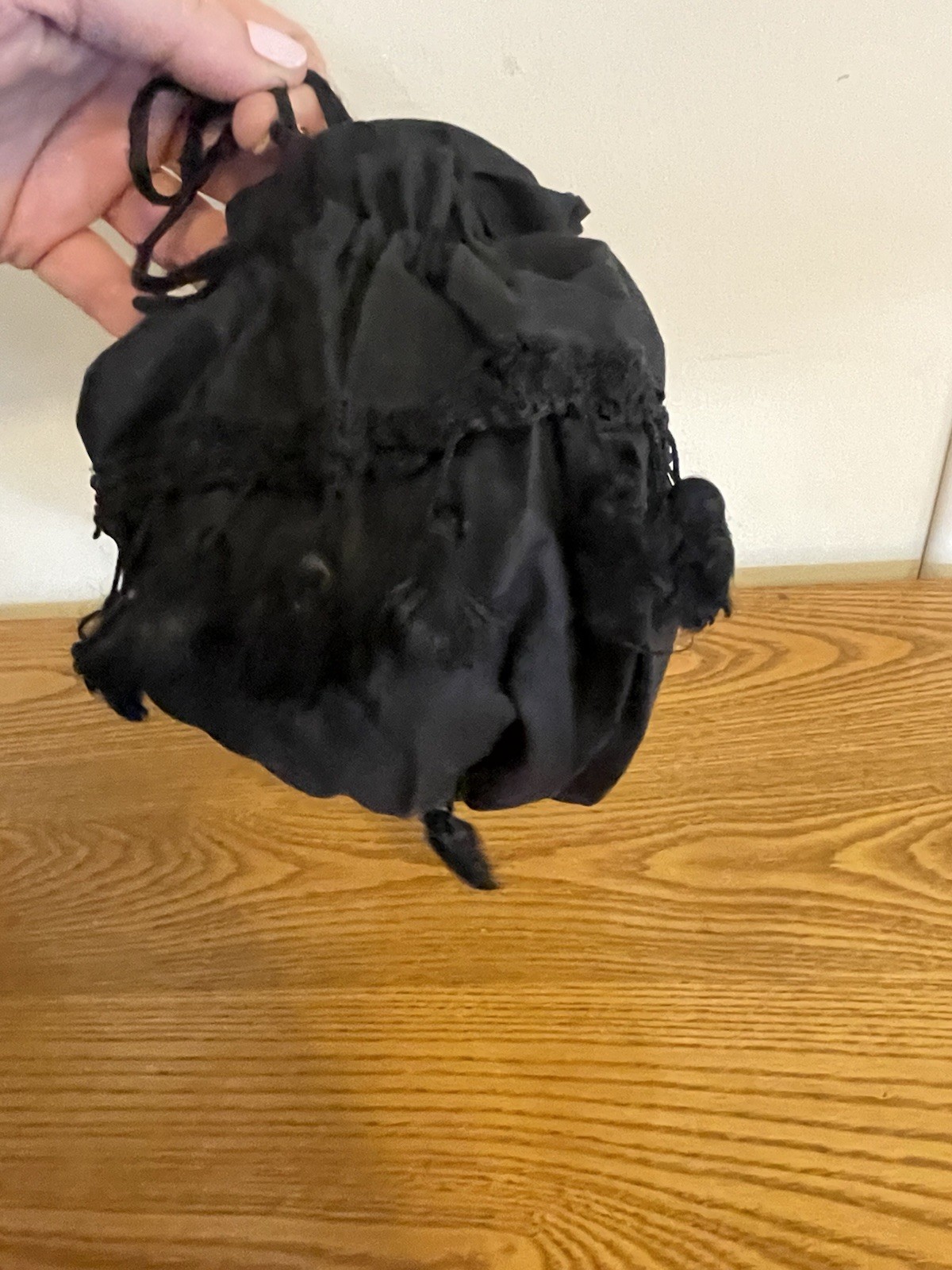 Victorian 1800s Reproduction Drawstring Black Fabric Purse Bag Tassels
