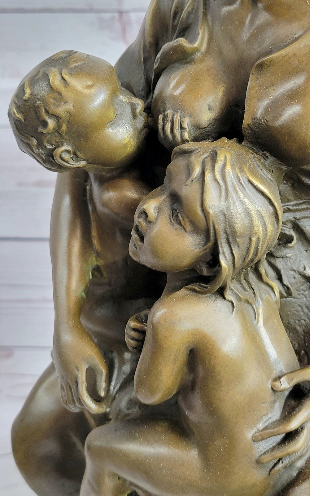 Semi Nude Bronze Sculpture Mother Breastfeeding Twins Signed Art Statue Decor