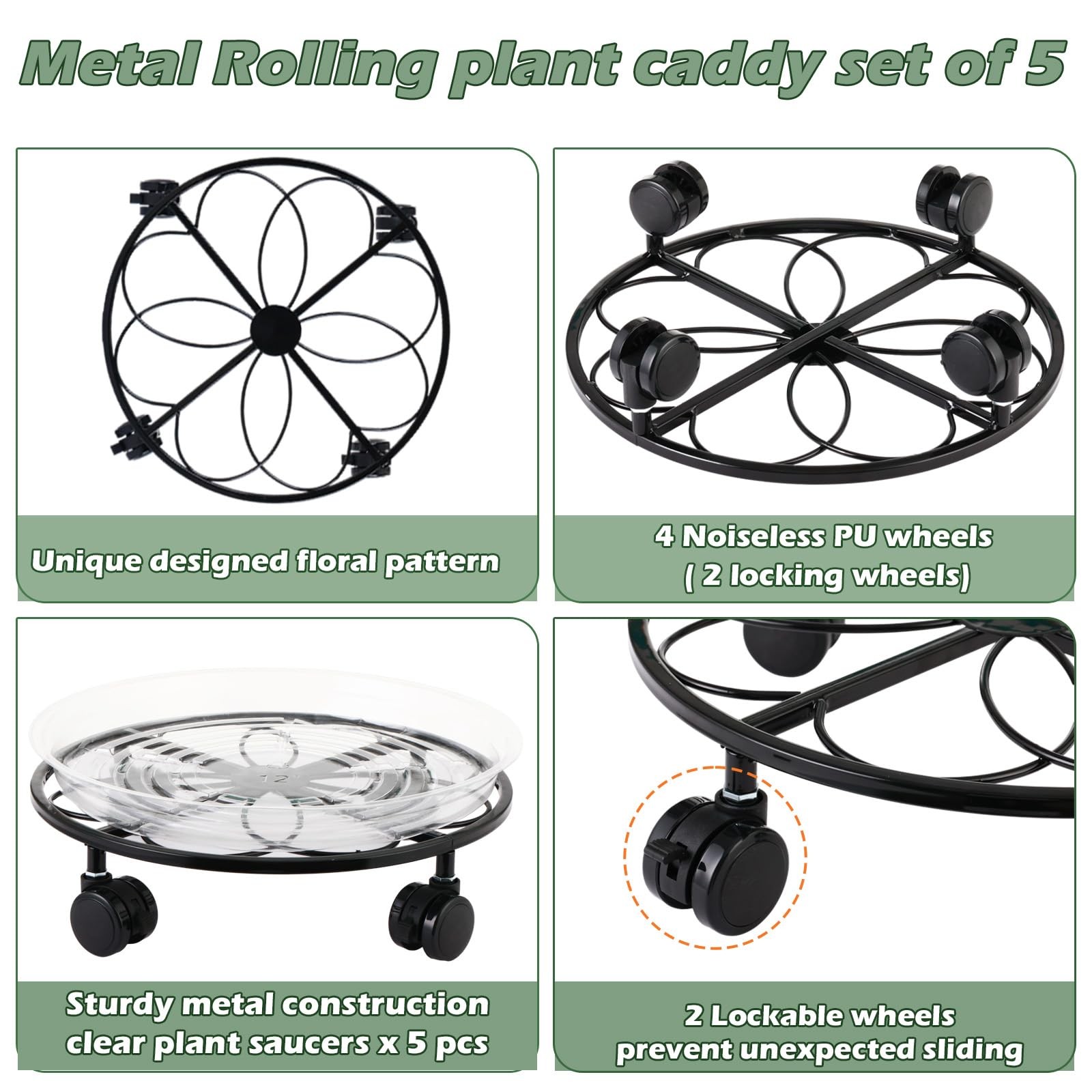 5 Packs 13.5 inches Metal Heart Plant Caddy with Wheels Large Rolling Plant S...