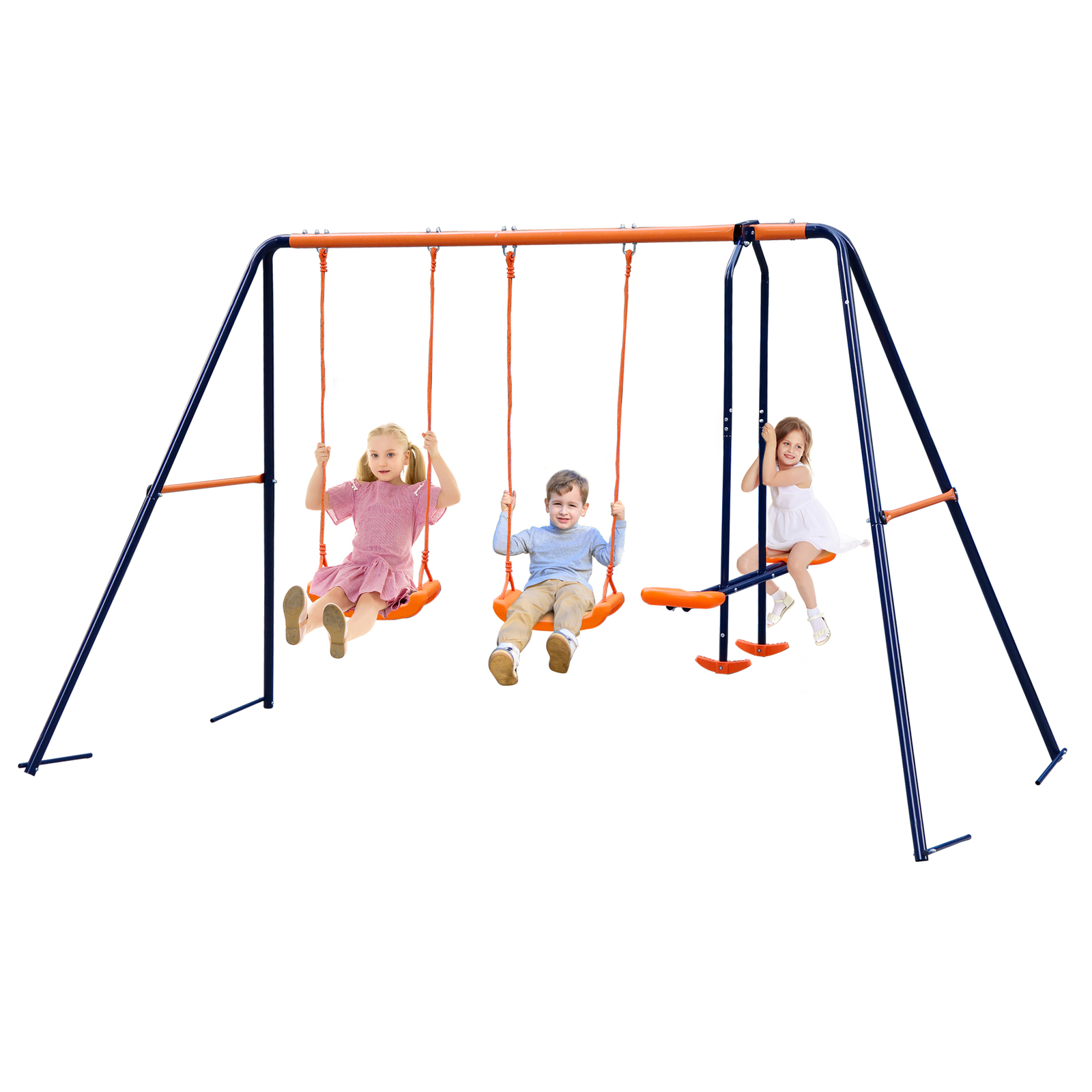 Double Kids Play Swing Set w/ 2 Seats & 1 Glider for Outdoor Backyard Heavy-Duty