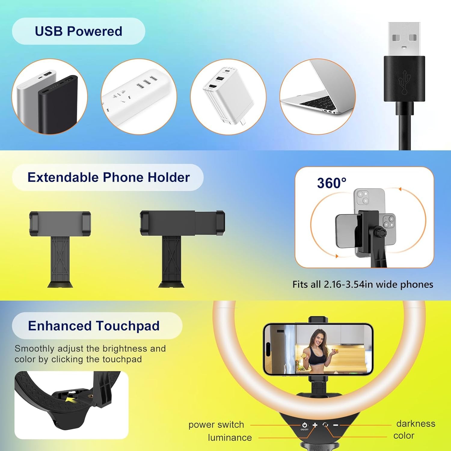 Aureday 14'' Selfie Ring Light with 62'' Tripod Stand and Phone Holder, Dimmable