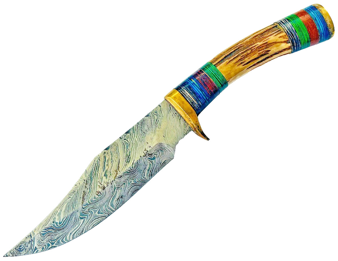 Vintage Stag Handle Fixed Blade Knife Damascus Blade Knives & Leather Sheath