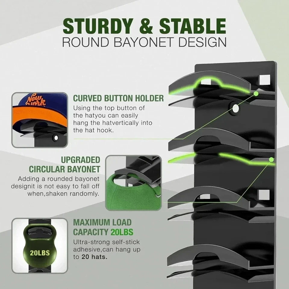 2 Pack Hat Organizer for Baseball Caps, Hat Rack for Wall with Strong Adhesive