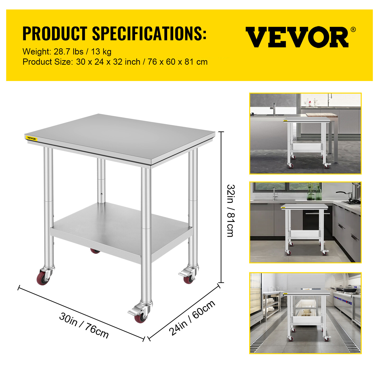VEVOR Stainless Steel Work Table with Wheels 24x30 Inch Kitchen Food Prep Table