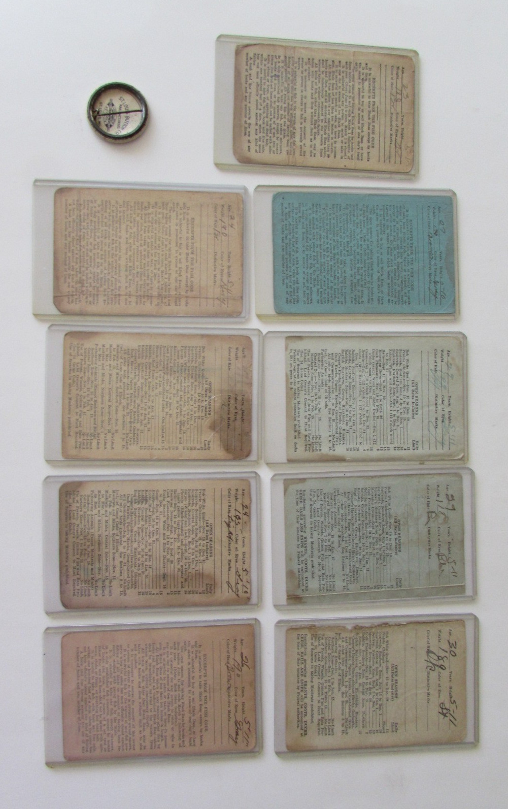 Lot Big Run Hatcheries Pin 1926-1933 Hunting & Fishing Licenses Decatur Illinois